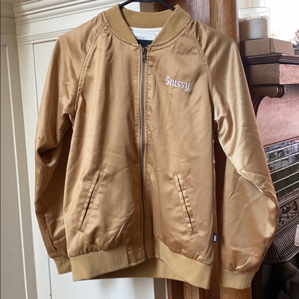 Wmns Stussy gold satin bomber jacket sz XS NWOT
